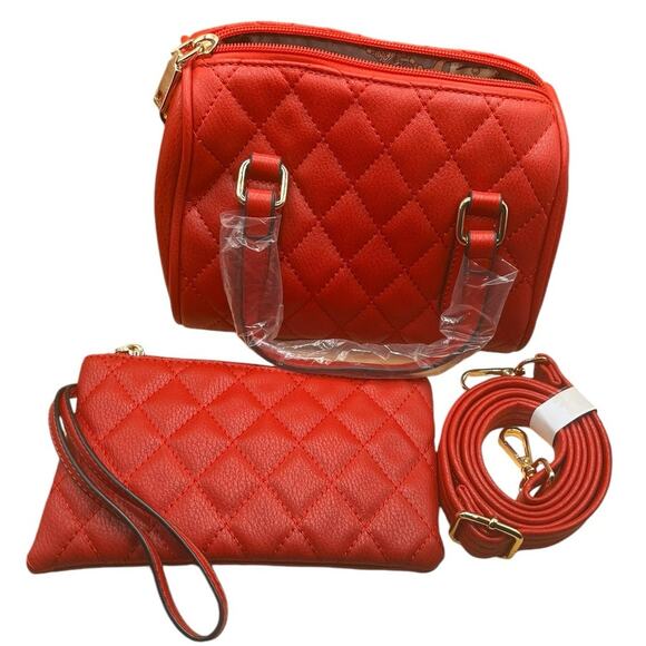 Red Quilted Vegan Leather Mini Bag with Makeup Bag and Shoulder Strap NWOT - Picture 1 of 6